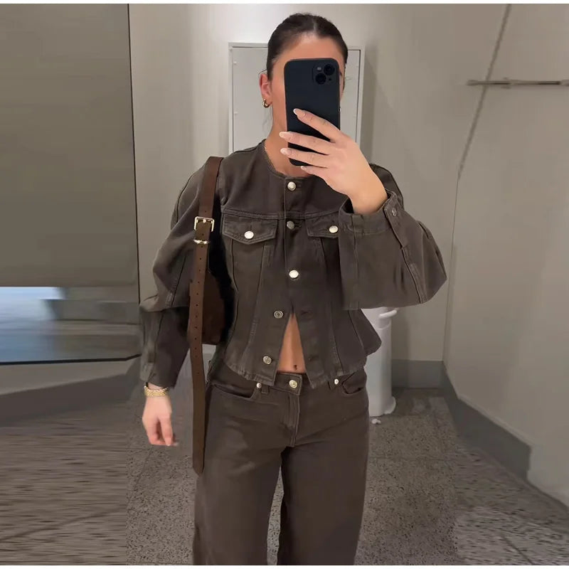 Vintage Solid Denim Jacket Pants Sets Women O-neck Single Breasted Long Sleeve Coat Wide Leg Trousers 2025 Jeans Outfits Street