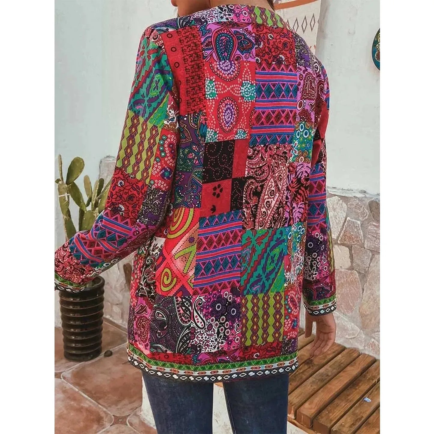 Autumn Winter Fashion Colorful Boho Floral Print Open Front Cardigan Casual Loose Long Sleeve Lightweight Jacket With Pockets