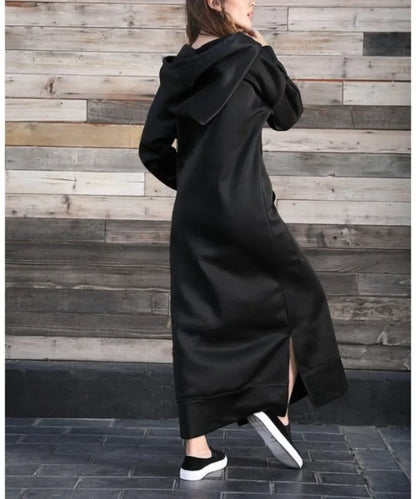 Autumn and Winter New Loose Size Knitted Hooded Long Dress Plush Casual Fashion Dress Large Pocket Skirt Women's Wear