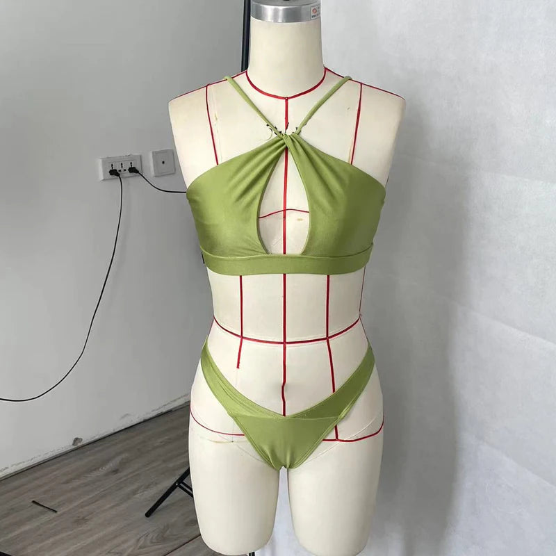 BEACHCICI Women's Bikini Two Piece Summer Simple Sexy Solid Cross Halter Slim Sleeveless Hollow Thong Beach Vacation Swimsuit