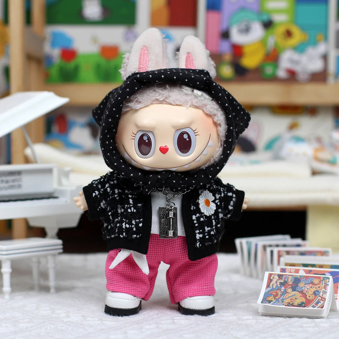 Clothes For Labubu 17cm Outfit Accessories for The Monster Korea Kpop Labubu Idol V1 V2 V3 Clothing GD K-Pop Cool Suit Straw Hat