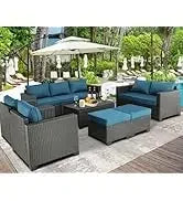 Qoutdoor PE wicker patio furniture rattan sectional loveseat couch set conversation sofa with storage box for balcony lawn a