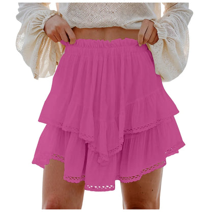 Women Flowy Ruffled Layered Shorts Elastic High Waist Pleated Mini Skirt Bohemian Crochet Skirt