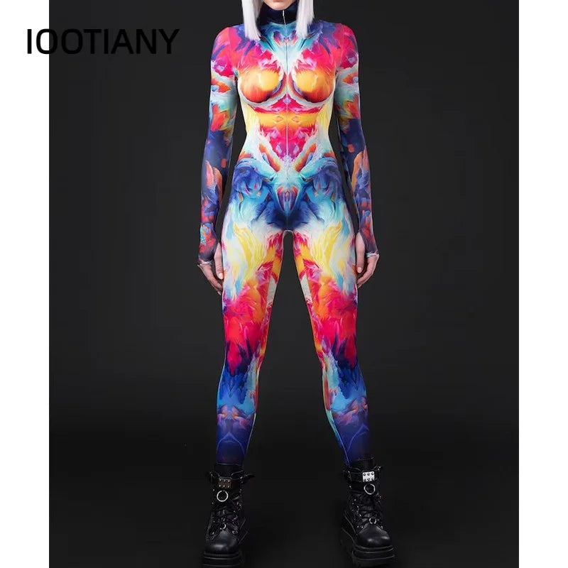 Cosplay Costume Female Woman Sexy Suit Color Element Blue Muscle Halloween Bodysuit Adults High-waisted Sports Jumpsuit