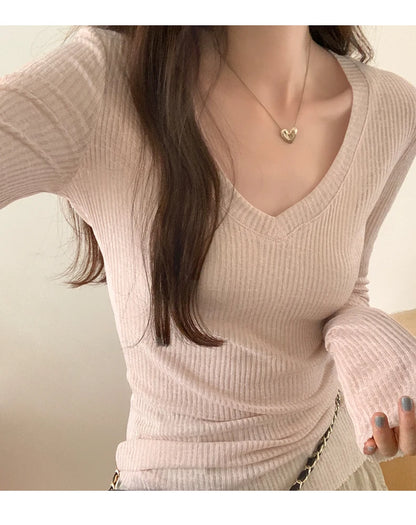 Autumn Sexy Classic V-neck Knitted Female T-shirts New Elastic Fashion Slim Simple Casual Pure Color Long Sleeves Women T-shirts