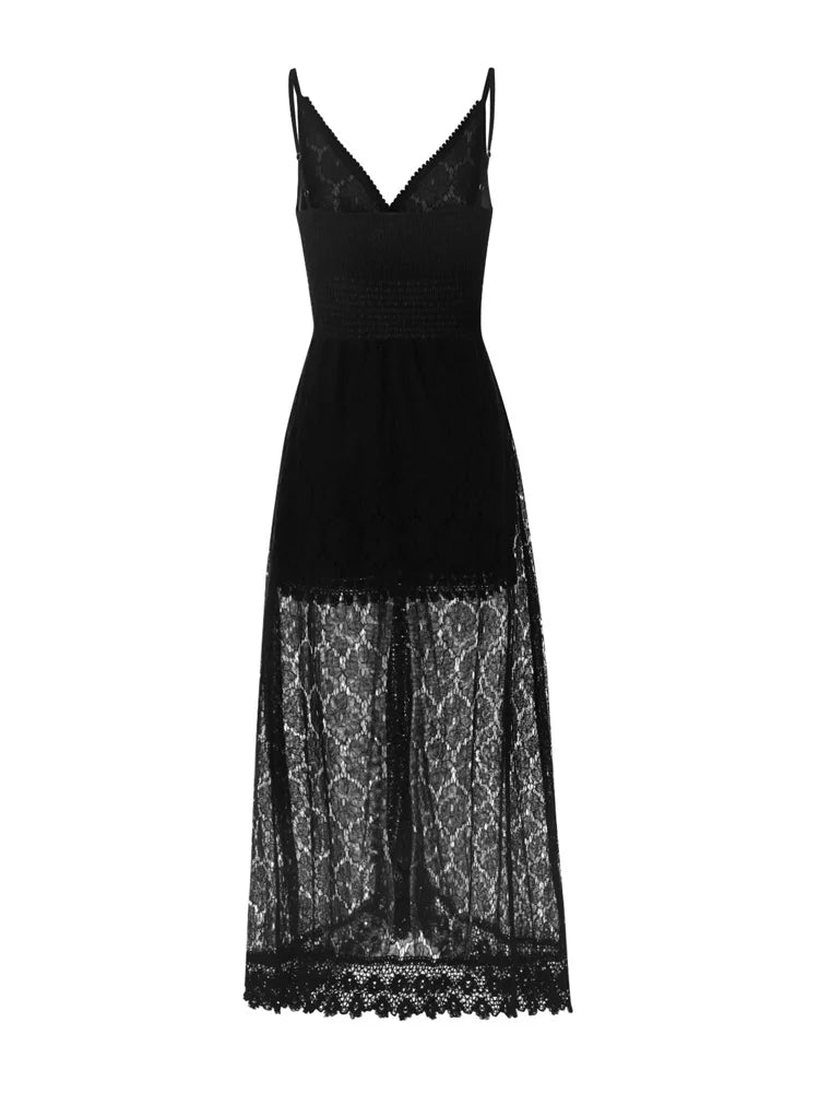 2025 Summer Women Lace Playsuit Dress Sleeveless V Neck Hollow Out Irregular Midi Dress Sexy Elegant Casual Bohemian Dresses