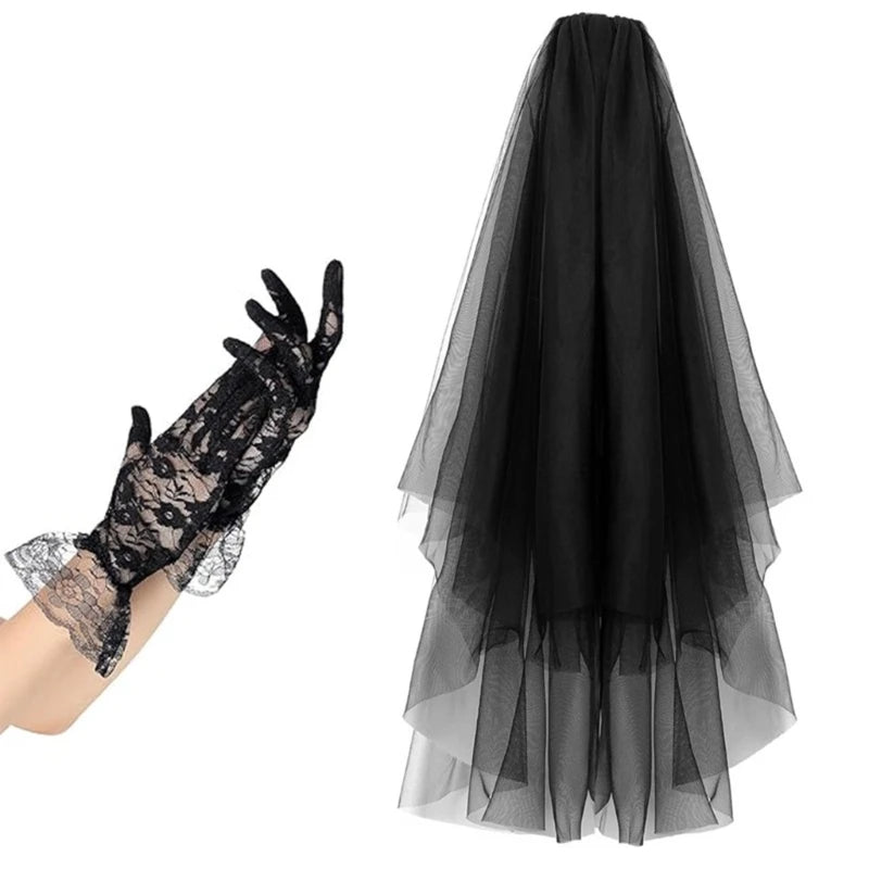 Elegant black lace veil and gloves set perfect for weddings or costume parties