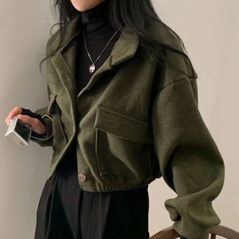 Autumn and Winter Loose Wool Coat for Women's Pocket Stand Collar Top Long Sleeve Button Hong Kong Style Wool Coat