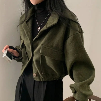 Autumn and Winter Loose Wool Coat for Women's Pocket Stand Collar Top Long Sleeve Button Hong Kong Style Wool Coat