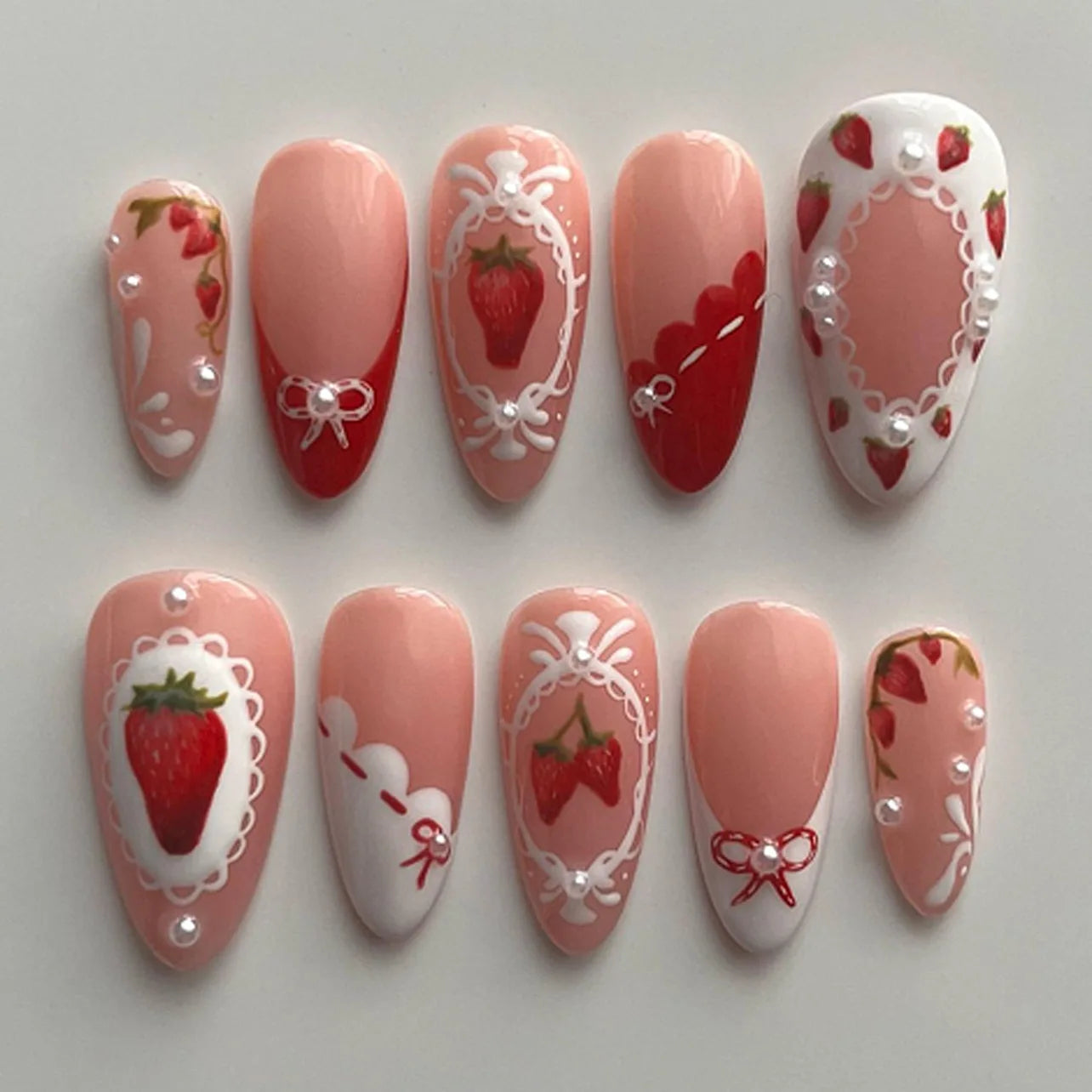 24Pcs 3D Green Ripple Design False Nails Cat's Eye French Almond Fake Nail Tips Leaves Pattern Removable Oval Press on Nails