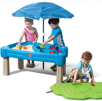 Cascading Cove Sand and Water Table, Kids Activity Sensory Playset with Umbrella, Summer Outdoor Toys, 7 Pcs Toy Accessories