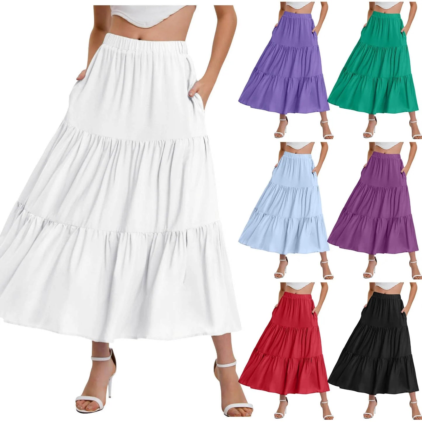 Skirts For Women Summer Bohemian Swing Beach Skirt High Waist A Line Flowy Skirts Pleated Layered Ruffle Hem Flowy A Line Skirt