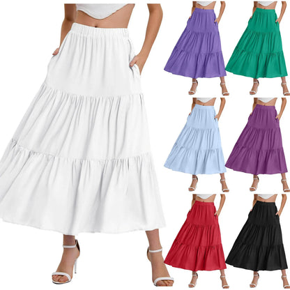 Skirts For Women Summer Bohemian Swing Beach Skirt High Waist A Line Flowy Skirts Pleated Layered Ruffle Hem Flowy A Line Skirt