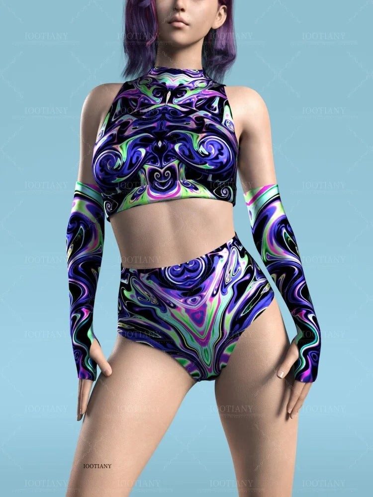 Adult Sleeveless Multicolor Role Play Bodysuit Swimsuit Women Sexy Hollow Off Shoulder Graffiti Art Bodycon Performance Costume