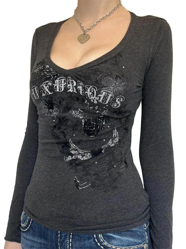 Women Long Sleeve T-shirt Graphic Gothic Print Punk Grunge Y2K Aesthetic Tee Tops Spring Fall Shirts