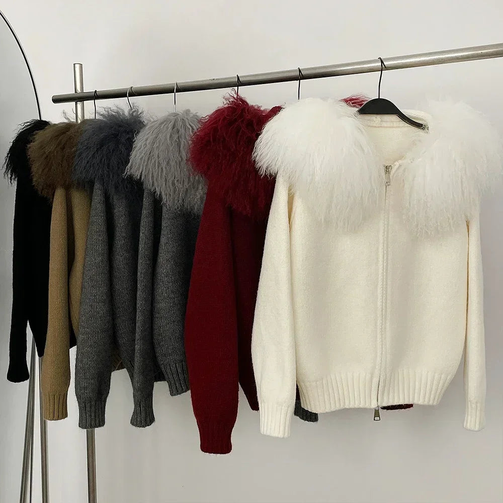 Coat Women Cardigan Natural Fox Fur Coat Women Real Mongolian Fur Knitwear Female Spring Autumn Hooded Knitted Fur Jacket