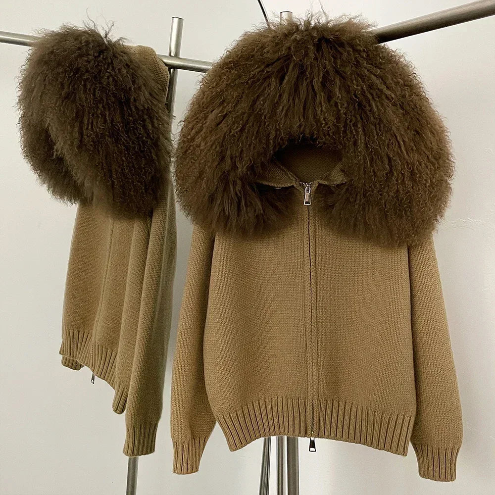 Coat Women Cardigan Natural Fox Fur Coat Women Real Mongolian Fur Knitwear Female Spring Autumn Hooded Knitted Fur Jacket