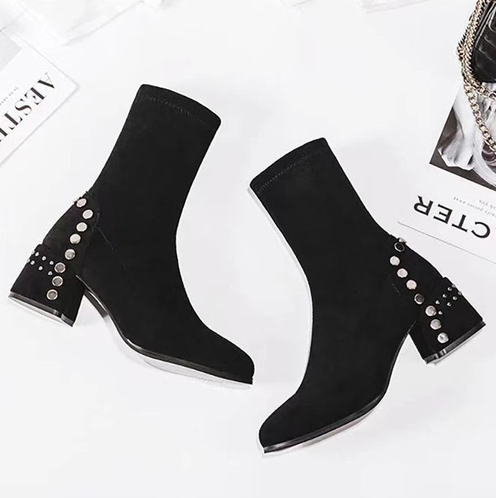 Mid Calf Round Toe Black Shoes For Women Ladies Boots Biker Footwear Studded Half High Gothic Hot Stylish And Low Price Pu