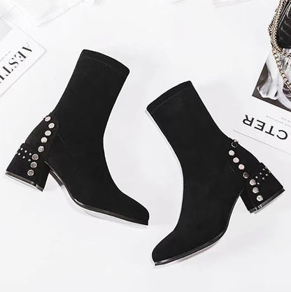 Mid Calf Round Toe Black Shoes For Women Ladies Boots Biker Footwear Studded Half High Gothic Hot Stylish And Low Price Pu