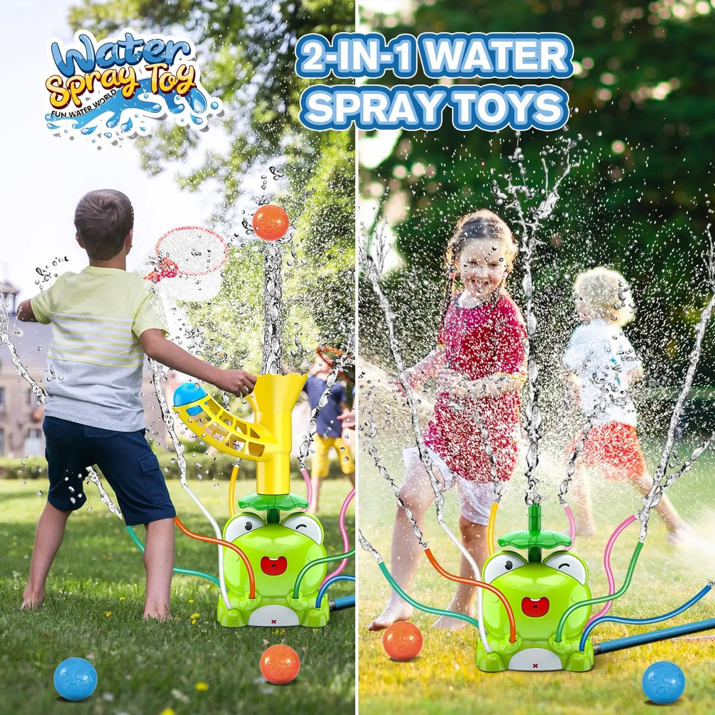 VATOS Kids Outdoor Water Play Sprinklers-2 in 1 Frog Sprinkler Spinning  Catch Ball Game Summer Water Play Set Toys for kids