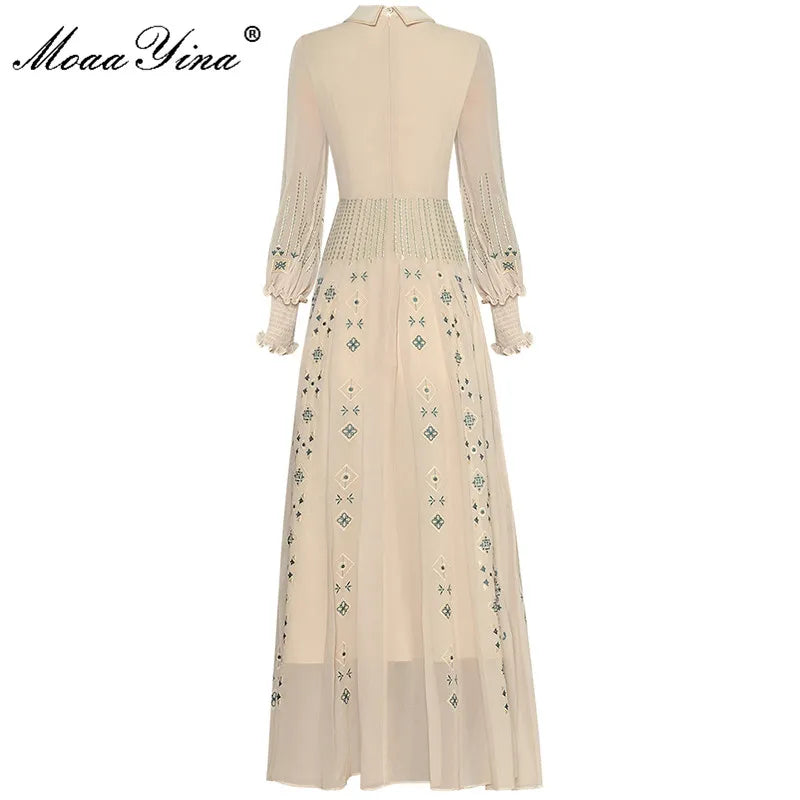 MoaaYina Fashion Designer Spring dress Women's Dress Turn-down Collar Lantern Long Sleeve Flower Embroidery Dresses