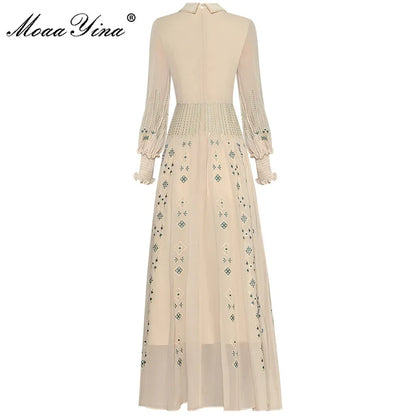 MoaaYina Fashion Designer Spring dress Women's Dress Turn-down Collar Lantern Long Sleeve Flower Embroidery Dresses