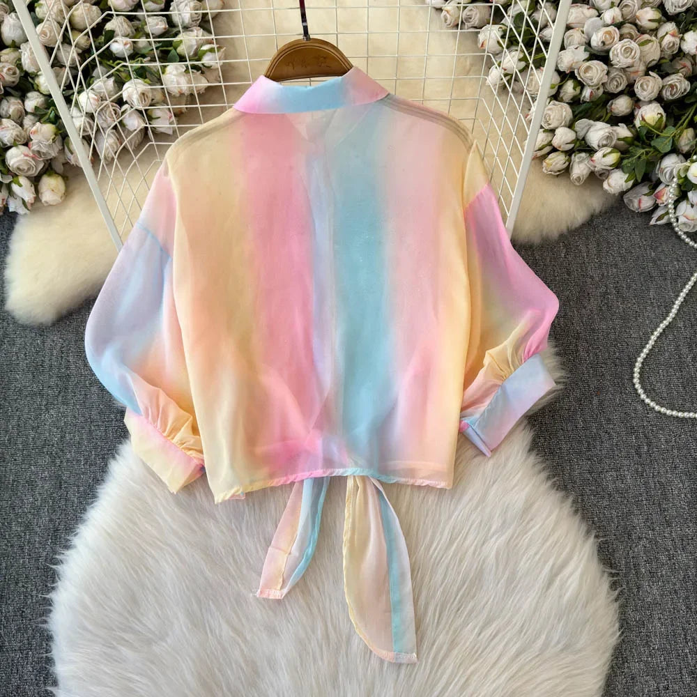 Beads Sequin Flower Blusas Mujer Rainbow Color Shirts & Blouses Lace-up Bow Camisas 2026 Spring Women Clothing Ropa
