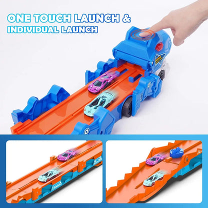 VATOS Dinosaur Transport Truck Car Toy 2 in 1 Ejection Folding Track Toys with Sound, Portable Truck Car Toy with 8 Race Cars