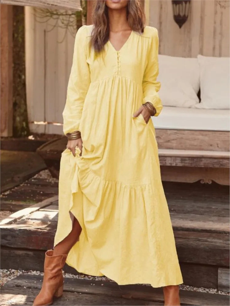 Autumn Winter Women's Clothing New Fashion Solid Color Button Cotton Linen Retro Casual Long Sleeved Dress Big Swing Long Skirt