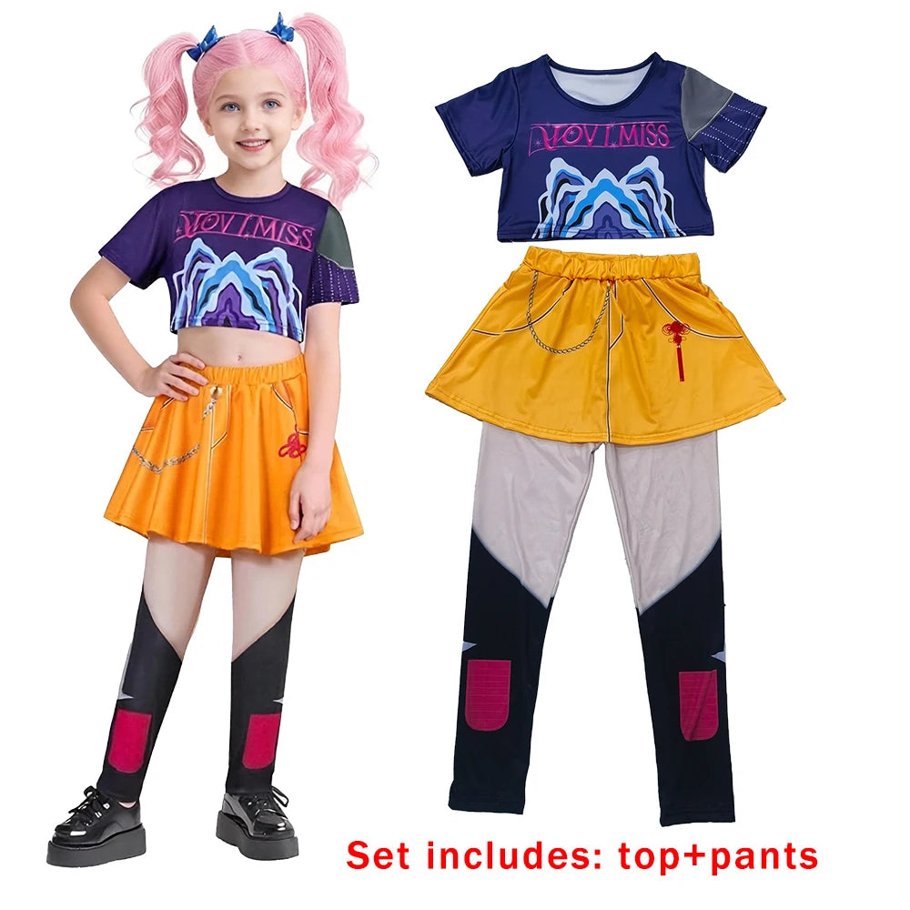 Zoey Rumi kids costume purple cropped top yellow skater skirt over printed leggings with chain detail