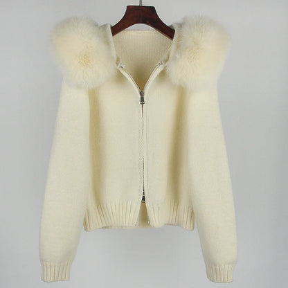 OFTBUY Real Fox Fur Kintwear Women 2025 New Spring Autumn Hooded Sweater Female Loose Zipper Kintted Jacket Oversized Cardigan