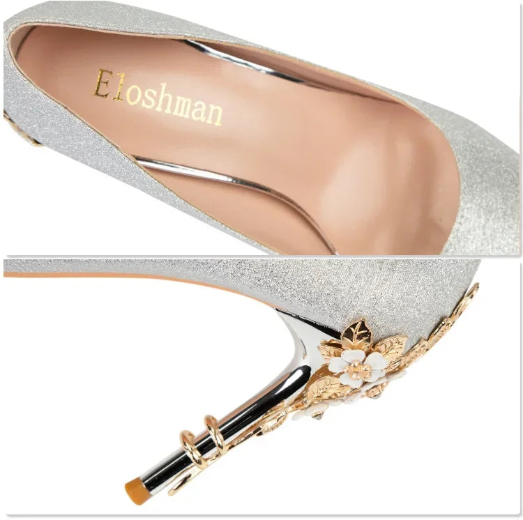 Elegant blue flower embellished women's heels featuring a stylish silver finish and floral accents