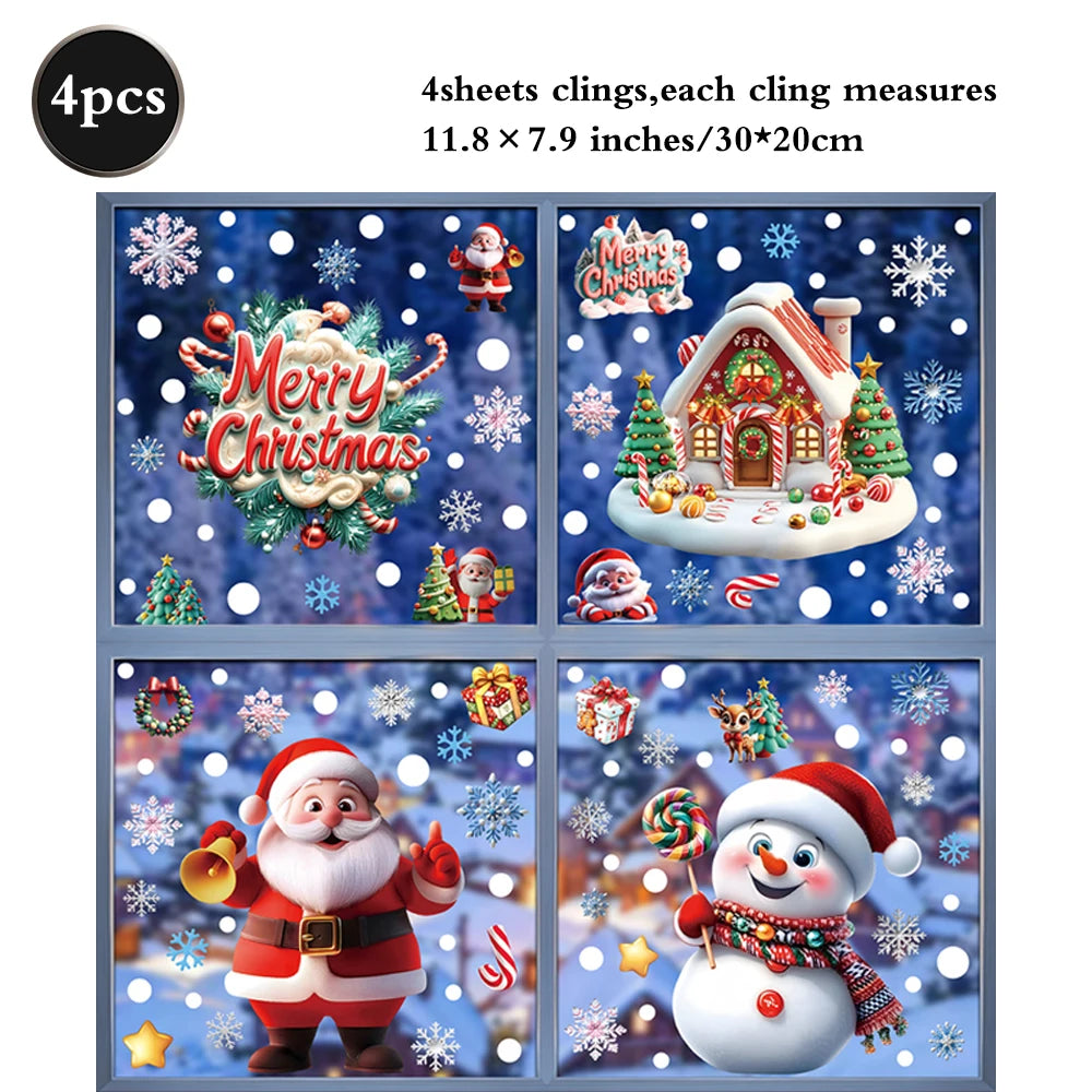 Christmas Window Static Clings Snowman Santa Claus Snowflake Reindeer Cute Xmas Decoration Decal Sticker Home Ornaments Supplies