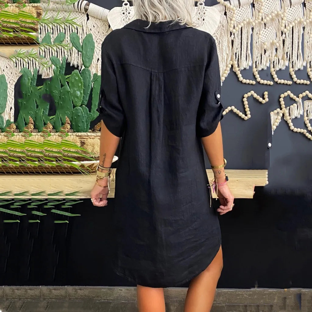 Cotton Linen Commuting Dress Vintage Casual Turn Down Collar Sundress Short Sleeve Loose Solid Mini Dresses Female Платье #CCC