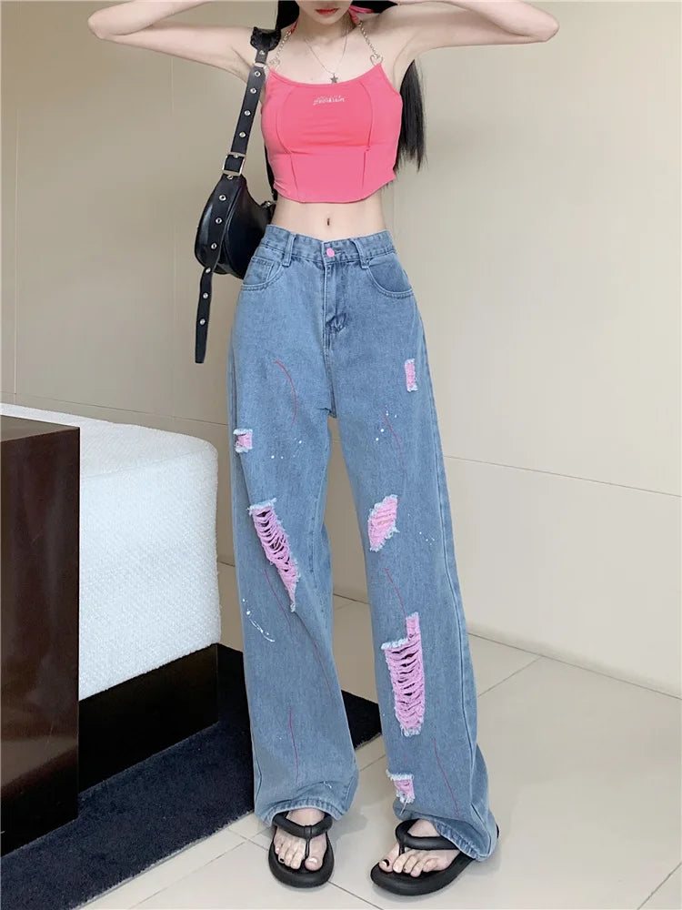 Jeans Women Ripped Niche Design 2025 Summer New High-waisted Slimming Loose Casual Straight Wide-leg Pants