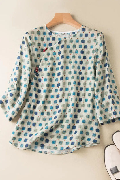 Vintage Cotton Linen Ramie Crewneck Tops Women's New Loose Pullover Print Shirt Casual Summer Tops