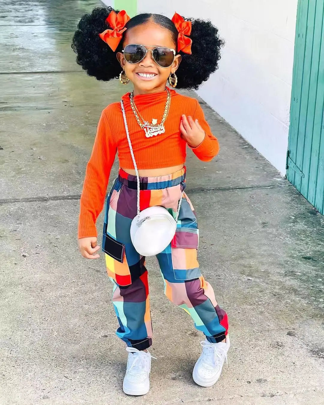 Qunq Girls' Spring 2024 New Fashionable Solid Color Long Sleeved Top Plaid Leggings Two-piece Set kids  girls clothes
