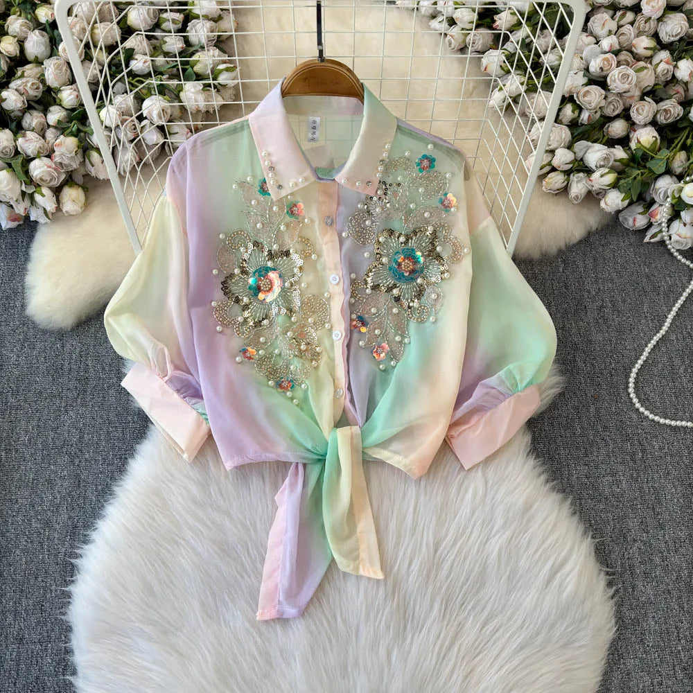Beads Sequin Flower Blusas Mujer Rainbow Color Shirts & Blouses Lace-up Bow Camisas 2026 Spring Women Clothing Ropa