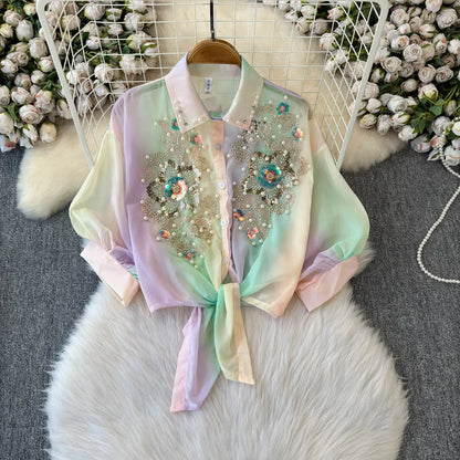 Beads Sequin Flower Blusas Mujer Rainbow Color Shirts & Blouses Lace-up Bow Camisas 2026 Spring Women Clothing Ropa