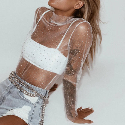 Women Sexy See Through Shirts Perspective Mesh Long Sleeve Tops Turtleneck Neck Sheer Blouse Shine Rhinestone T-Shirts Tee Club