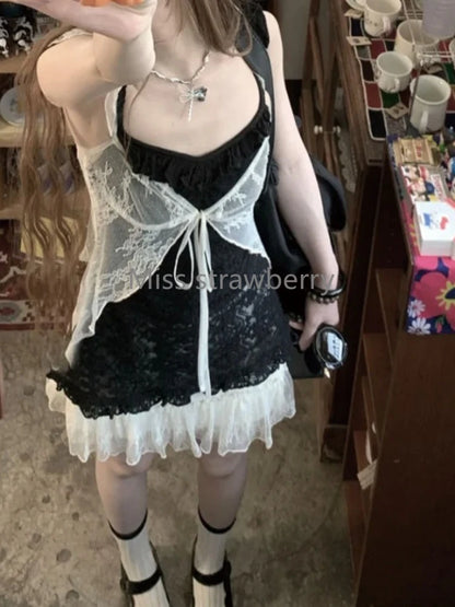 Aesthetic Vintage Lace Slim Dress Women Gothic Sexy Y2k Lace Up Cardigan Women High Street Hot Girl Off Shoulder Sling Dresses