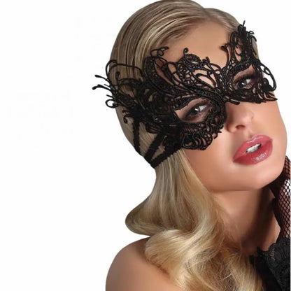 Elegant women's black lace masquerade mask with intricate detailing for parties and events