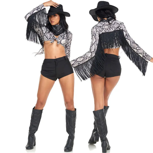 EtherealBe sexy cowboy costume for women featuring a snake print top, fringe details, and thigh-high boots