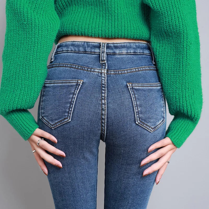 New Winter Women Snow Thermal Fleece Skinny Jeans Casual Lady Warm Velvet Thick Pencil Pants Female Basic Fleece Denim Trousers