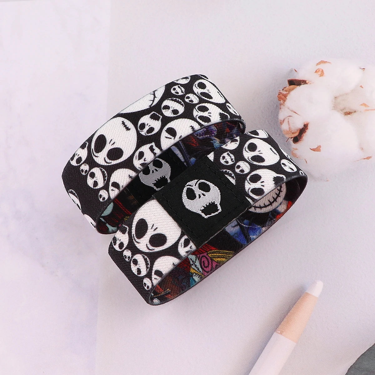 EtherealBe Halloween skull bracelet featuring a fun skull print on a black background