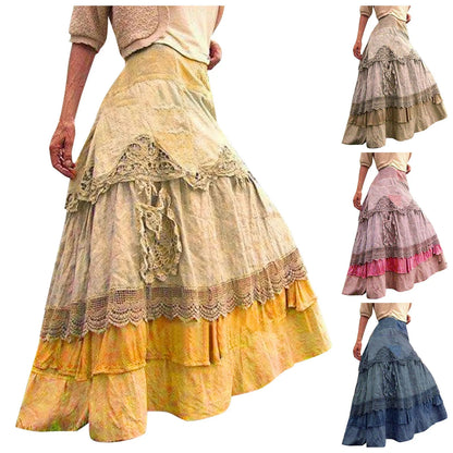 Long Maxi Skirts For Women 2024 Summer Boho Tiered Long Lace Skirt Maxi Net Flared Elegant Button Plus Size Cotton Skirt New
