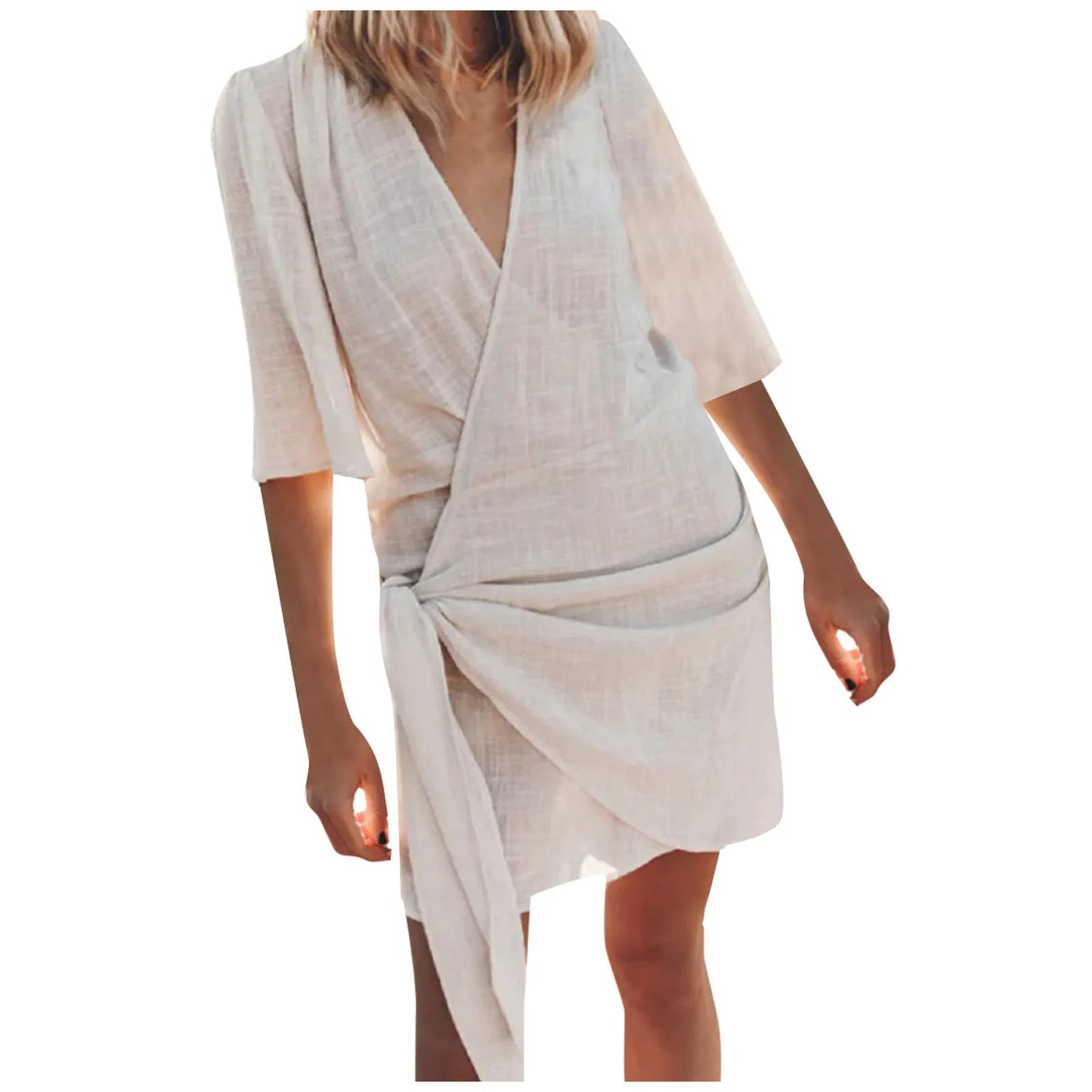 Cotton Linen Dresses Women'S Sexy V Neck Solid Color Pleated Swing Split Mini Dress Party Elegant Chic Vestidos For Womens