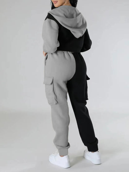 Women Loose Autumn Winter Two Pieces Suit Matching Sets Hoodie Tracksuit Blocked Zipper Short Outerwear Drawstring Cargo Pants