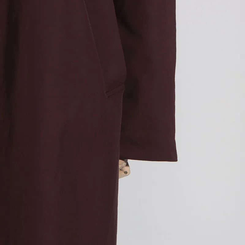 EtherealBe simple style long sleeve trench coat in deep burgundy with sleek design and side pockets
