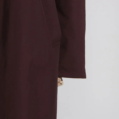 EtherealBe simple style long sleeve trench coat in deep burgundy with sleek design and side pockets